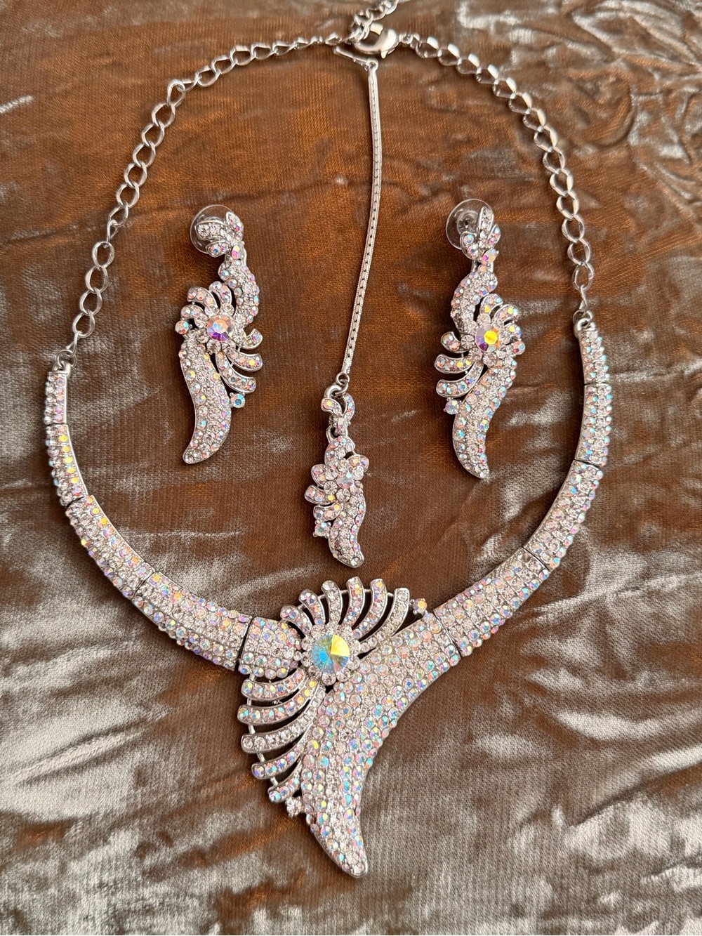 Crystal Pavé Silver-Tone Necklace & Earring Maang Tikka Set Indian Wedding #WS